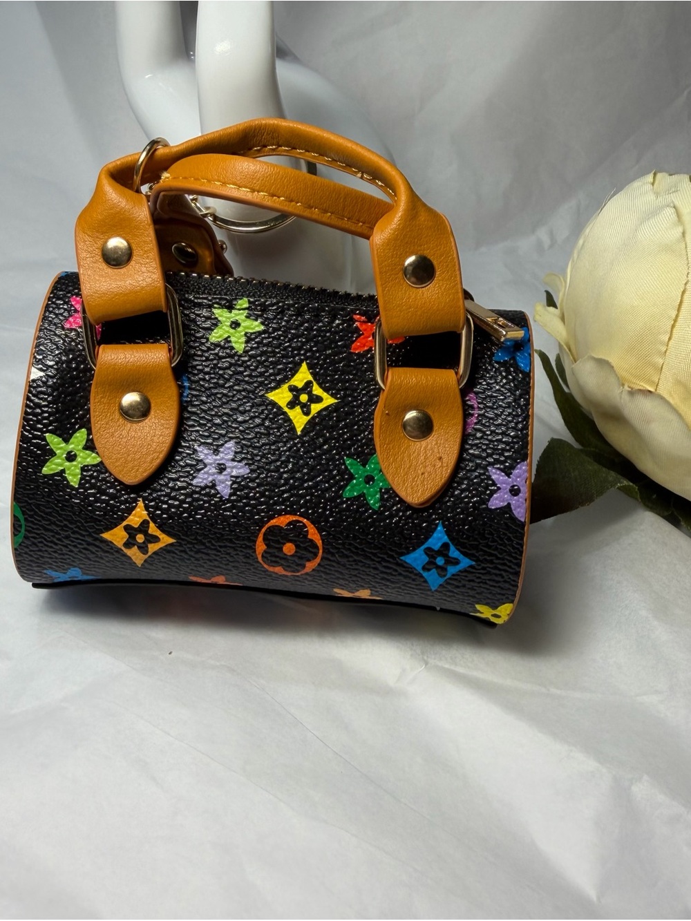 Black Mini Satchel with Multicolor Monogram Print and Tan Handles